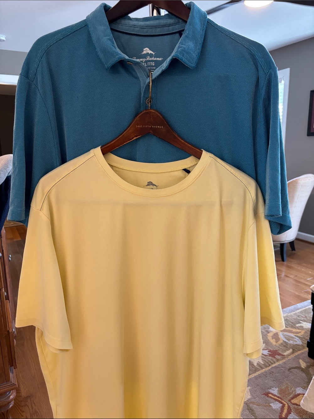 Two Tommy Bahama Men’s Shirts— One Yellow Crewneck & OneTeal Polo